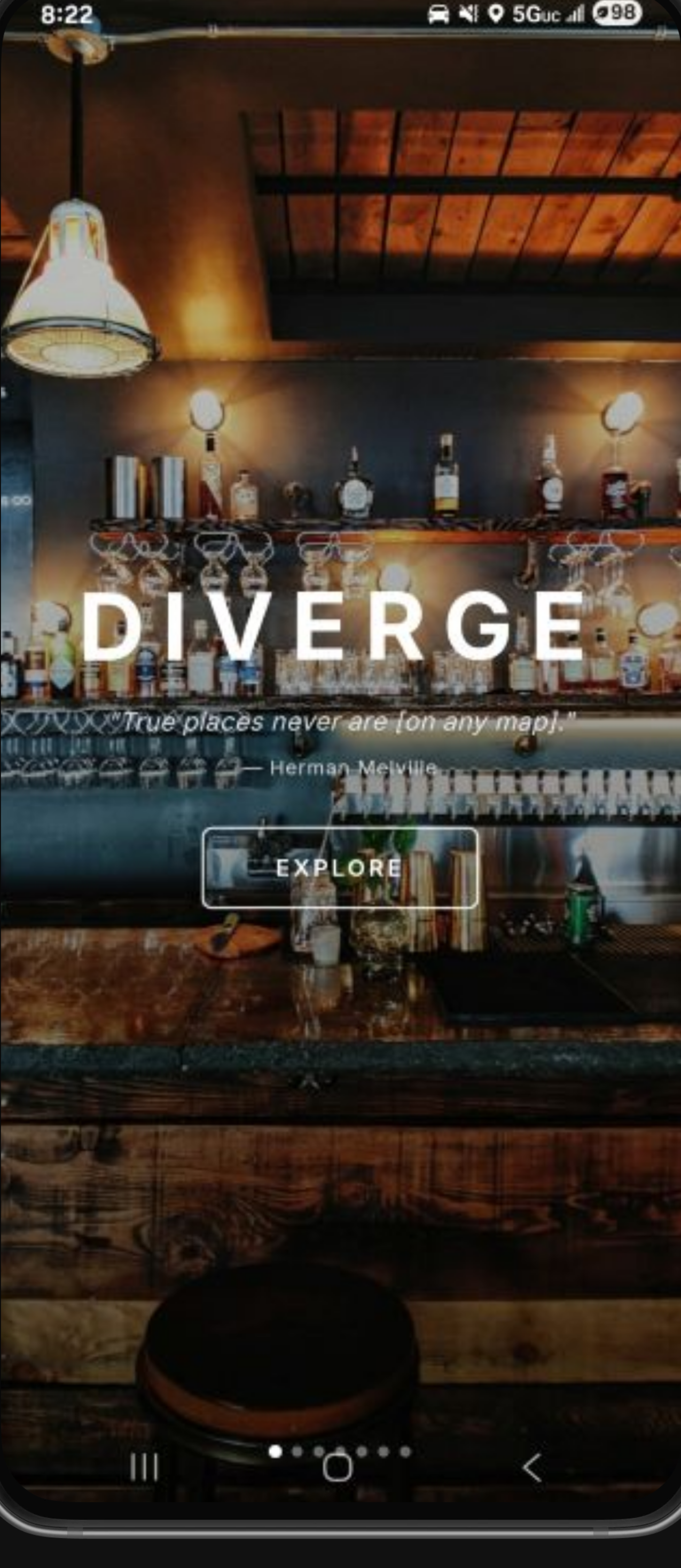 DIVERGE app splash screen — bar interior with the DIVERGE wordmark and an Explore button