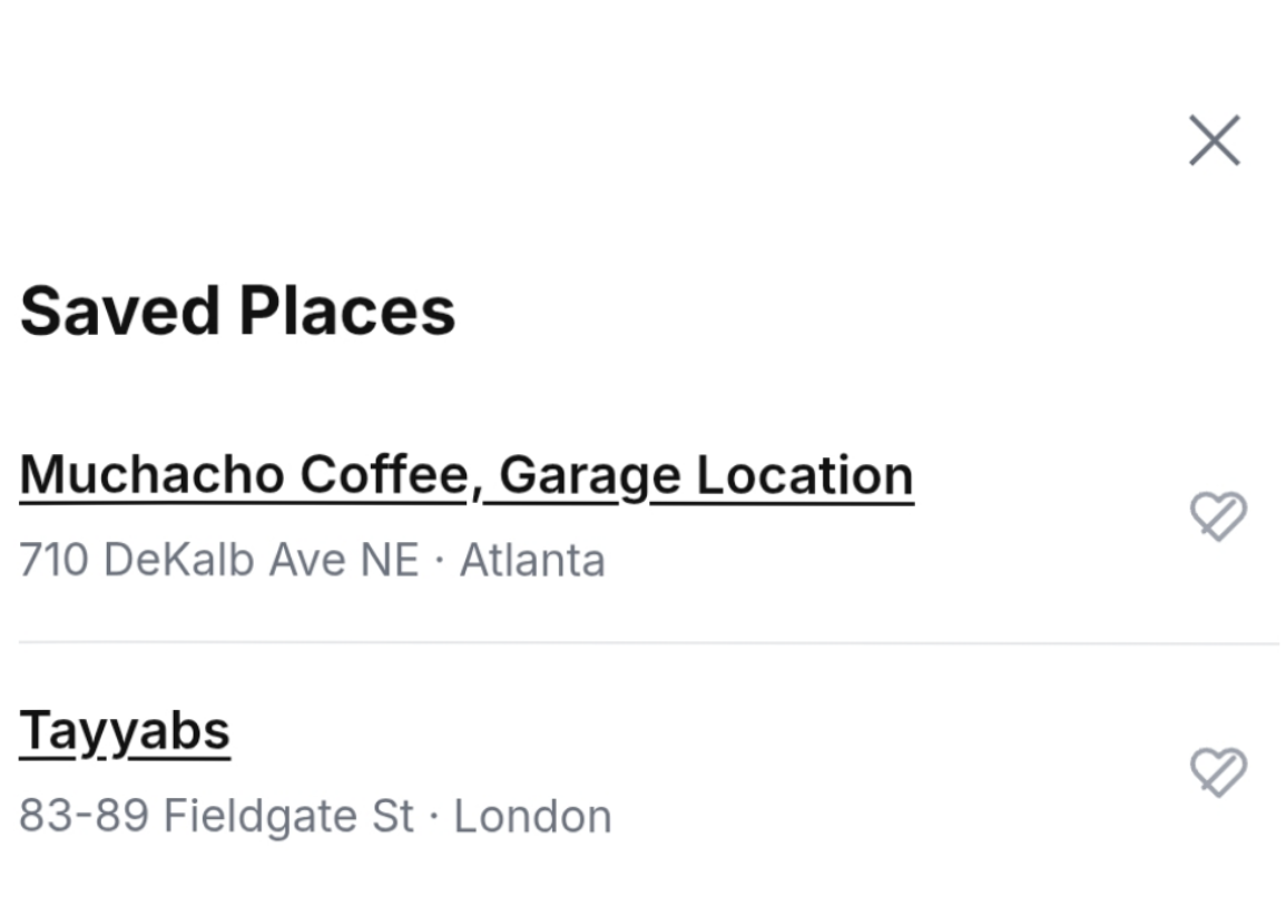 Saved places list with hearted spots